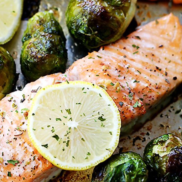 Garlic Roasted Salmon with Brussel Sprouts
