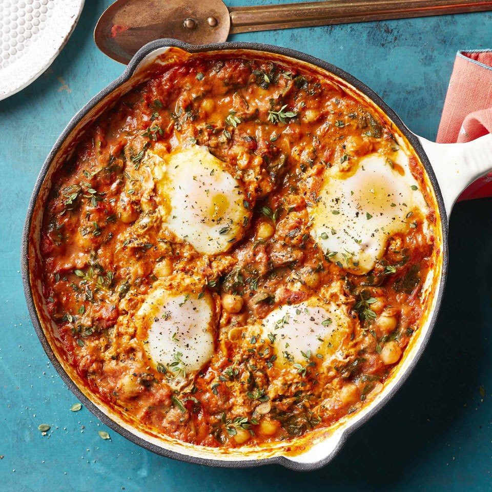 Tomato Sauce Eggs with Chickpeas and Spinach AimToBeWell